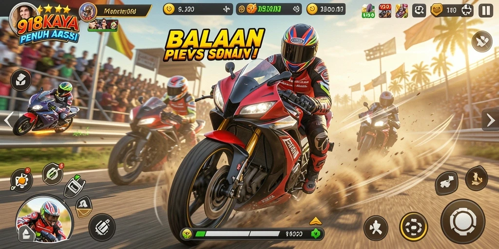 Tampilan seru gameplay balapan motor di 918KAYA.