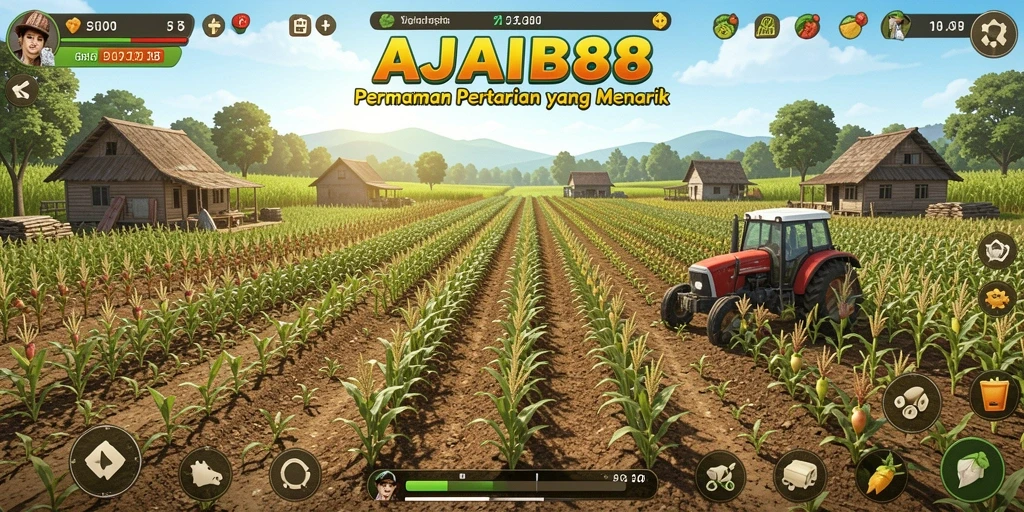 Tangkapan layar gameplay AJAIB88 menampilkan ladang hijau subur dan aktivitas bertani.