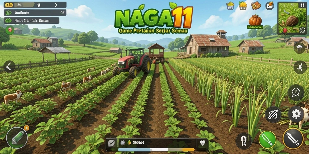 Tampilan grafis gameplay NAGA11 dengan kebun yang indah dan hewan ternak.
