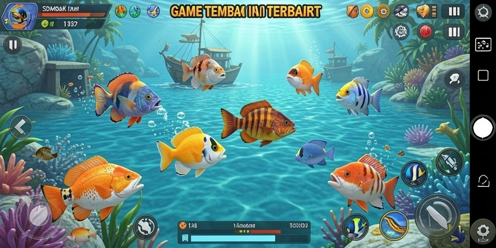 Screenshot utama SD107 menampilkan gameplay seru Tembak Ikan dengan ikan berwarna-warni.